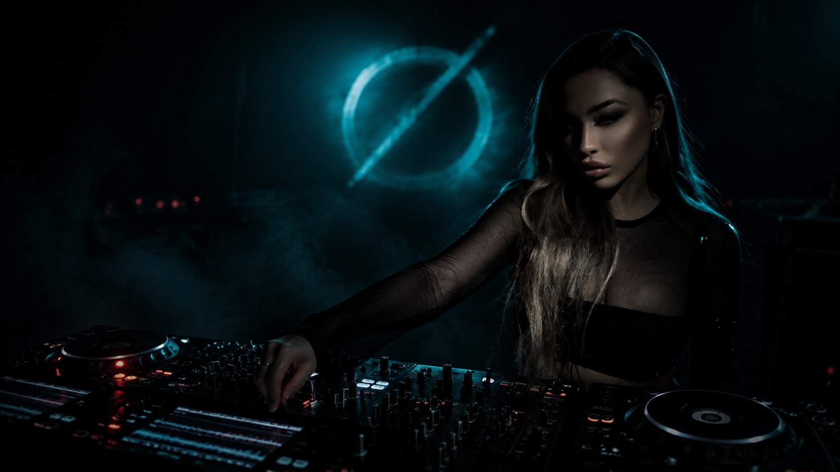 MØXXIE performing behind a DJ booth beneath her illuminated slashed-O frequency seal